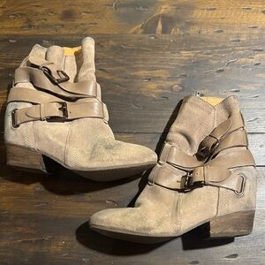 Naya Taupe Suede Leather Buckle Ankle Boots for Women-Size 10 Wide